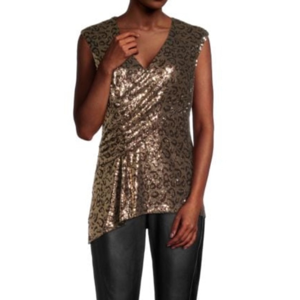 Elie Tahari Sleeveless Blouse 4 Gold Sequin Party Draped V-Neck New Years
